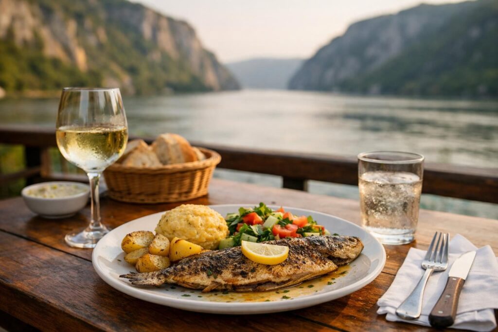 Tanjir sa pečenom ribom i prilozima, pogled na Dunav
