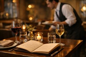 Sto u restoranu sa menijem, vinom i svećom, konobar u pozadini