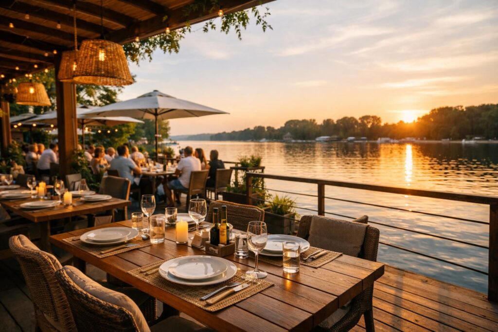 Terasa restorana uz jezero u zalazak sunca