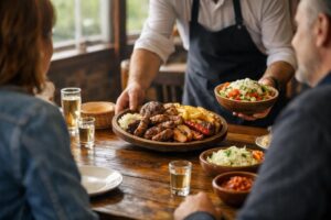 Konobar servira mešano meso s pomfritom i salatom