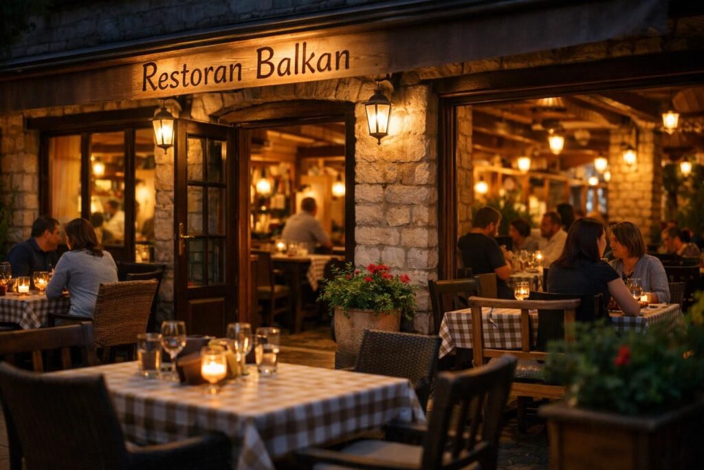 Ulaz u Restoran Balkan sa baštom i gostima