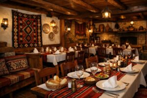 Rustični enterijer restorana sa postavljenim stolovima i svećama