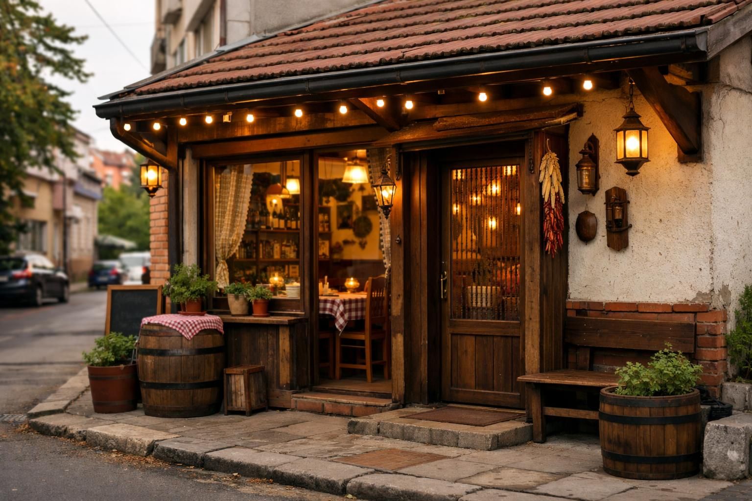 Ulaz u rustični restoran sa drvenim vratima i lampionima