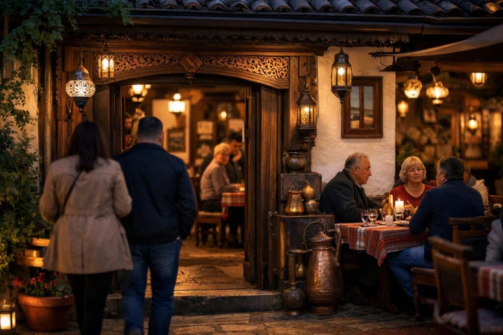 Ulaz u restoran sa fenjerima i gostima za stolom