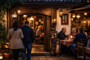 Ulaz u restoran sa fenjerima i gostima za stolom