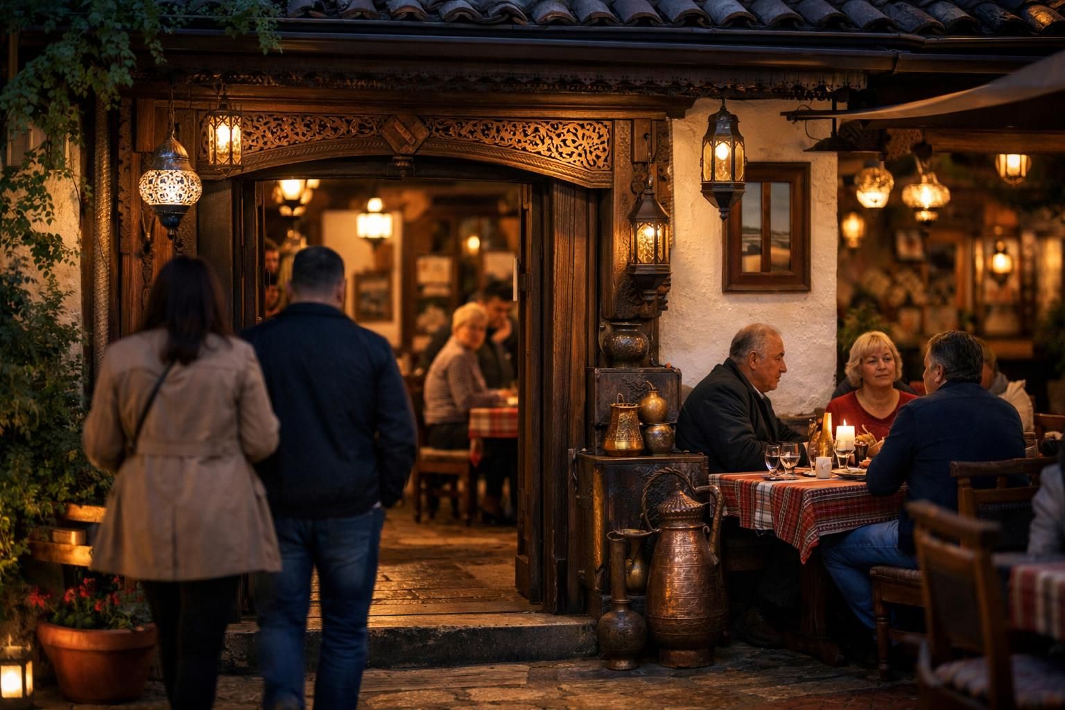 Ulaz u restoran sa fenjerima i gostima za stolom
