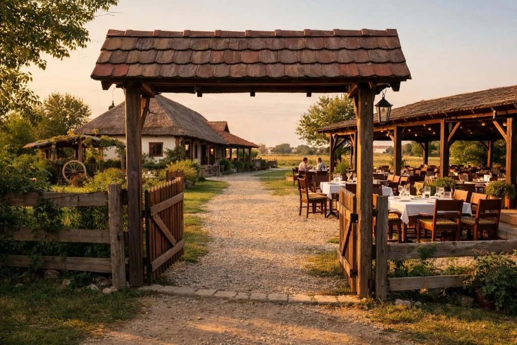 Drvena kapija sa krovom, bašta restorana sa stolovima