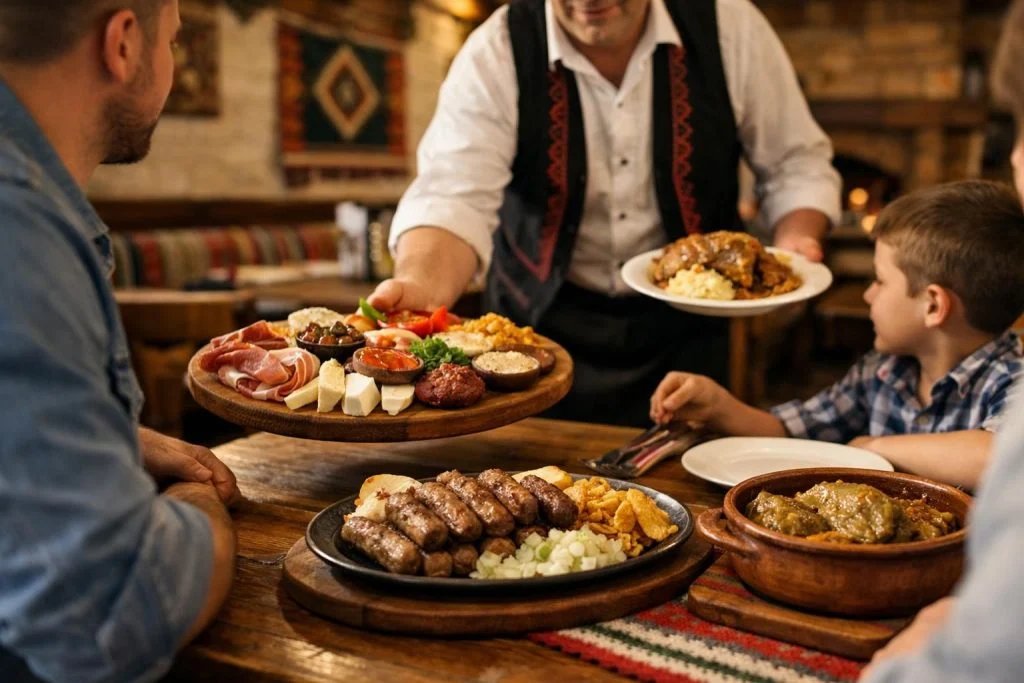 Konobar služi tradicionalna jela za stolom u restoranu