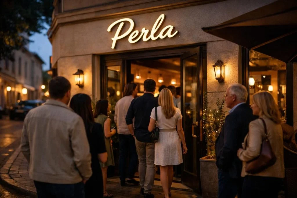 Ljudi u redu ispred ulaza u restoran Perla noću