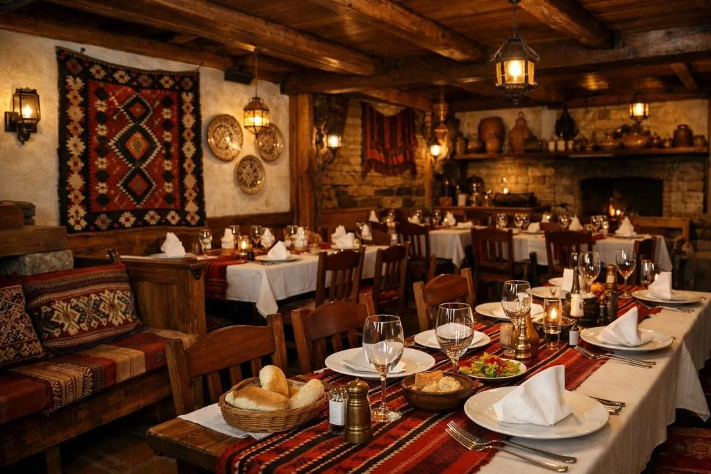 Rustični enterijer restorana sa postavljenim stolovima i svećama