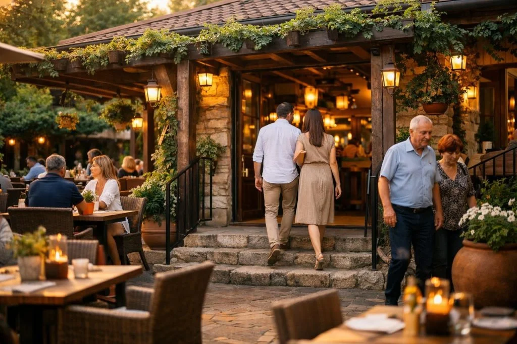 Ulaz u restoran sa baštom i gostima uveče