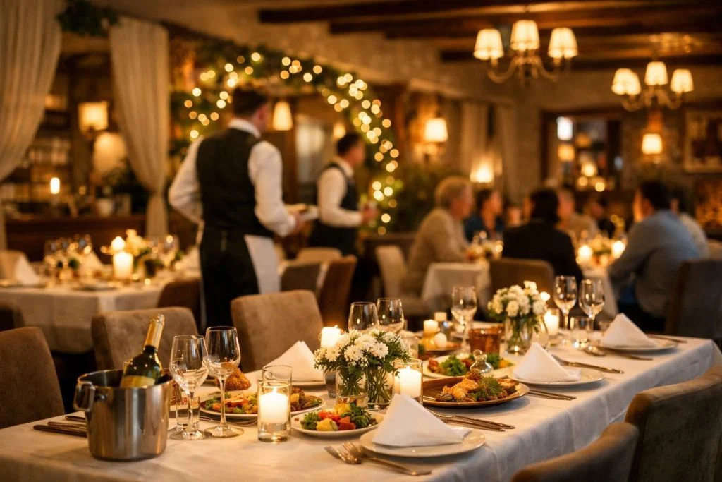 Svećama osvetljen restoran sa postavljenim stolovima i gostima