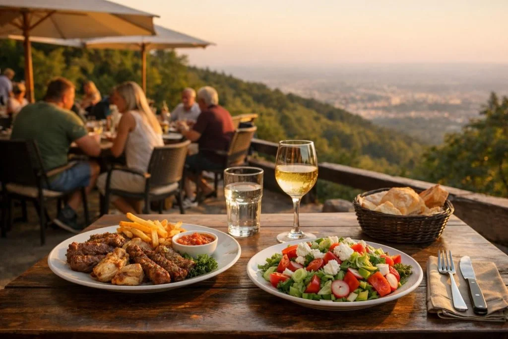 Tanjiri sa roštiljem i salatom na terasi s pogledom
