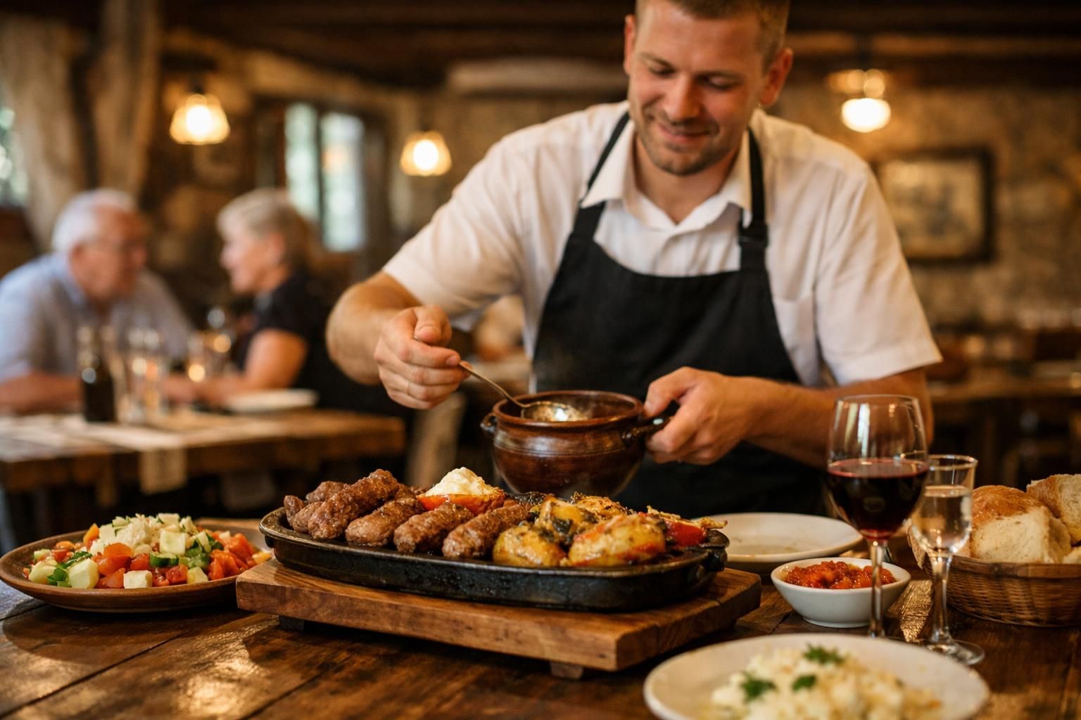 Chef ladling stew beside grilled meat and salad