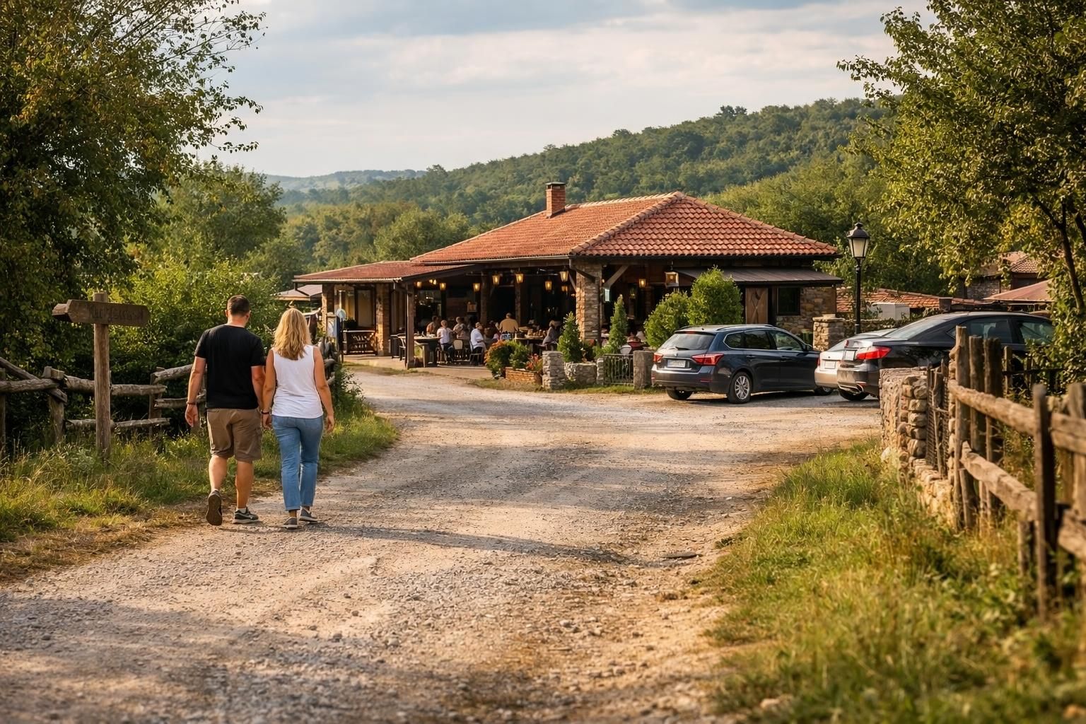 Couple walking toward rustic restaurant with red tile roof