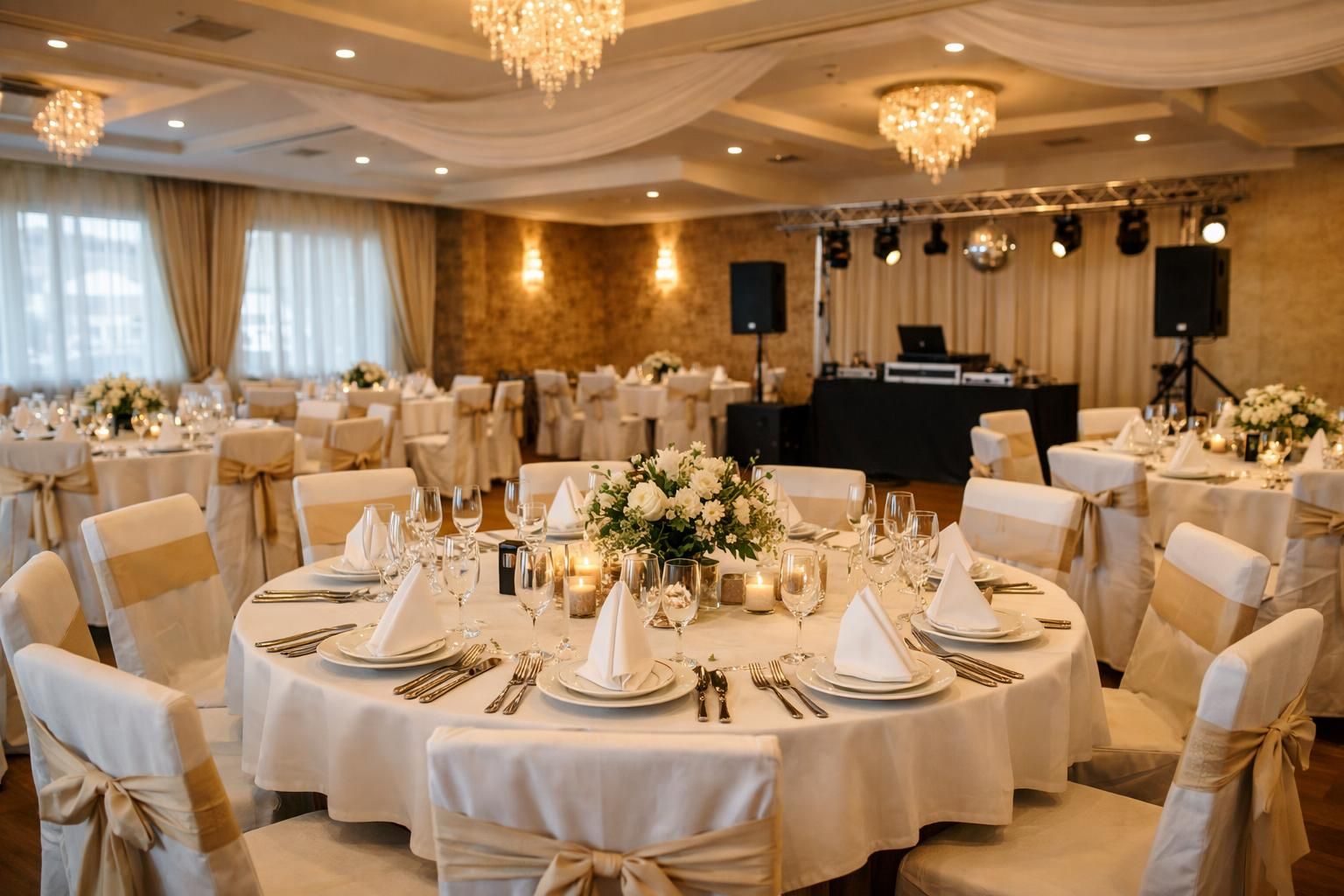 Elegant banquet hall with round tables, candles, floral centerpieces