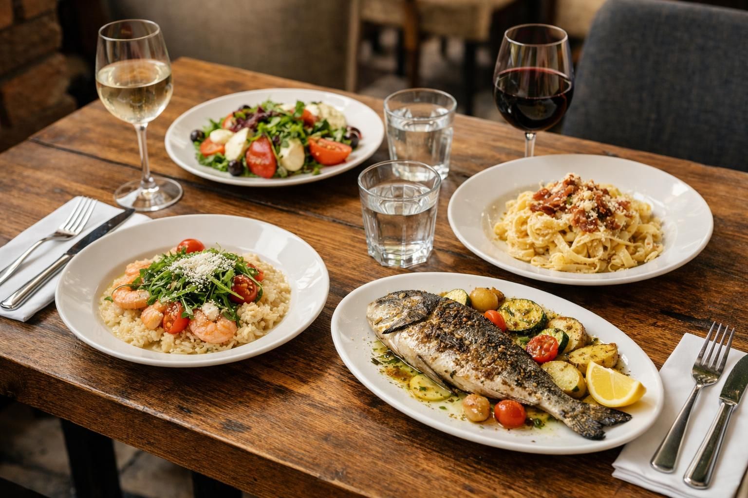 Restaurant table with grilled fish, pasta, salad, and wine