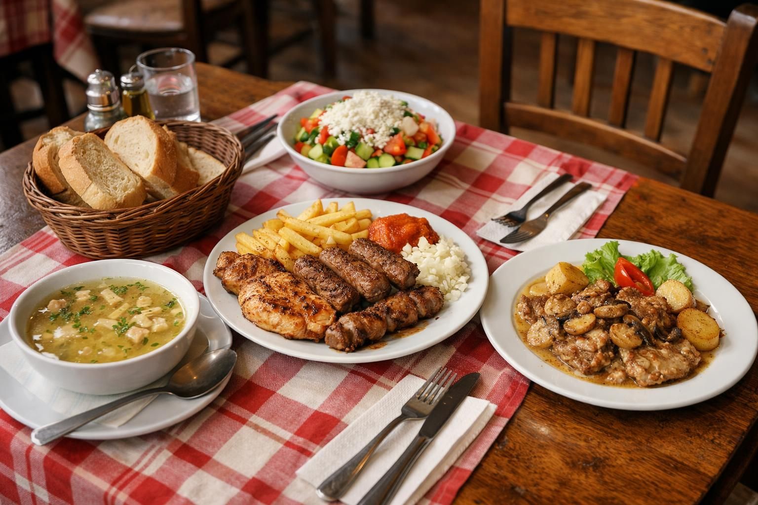 Plates of grilled meats, fries, salad, soup, bread