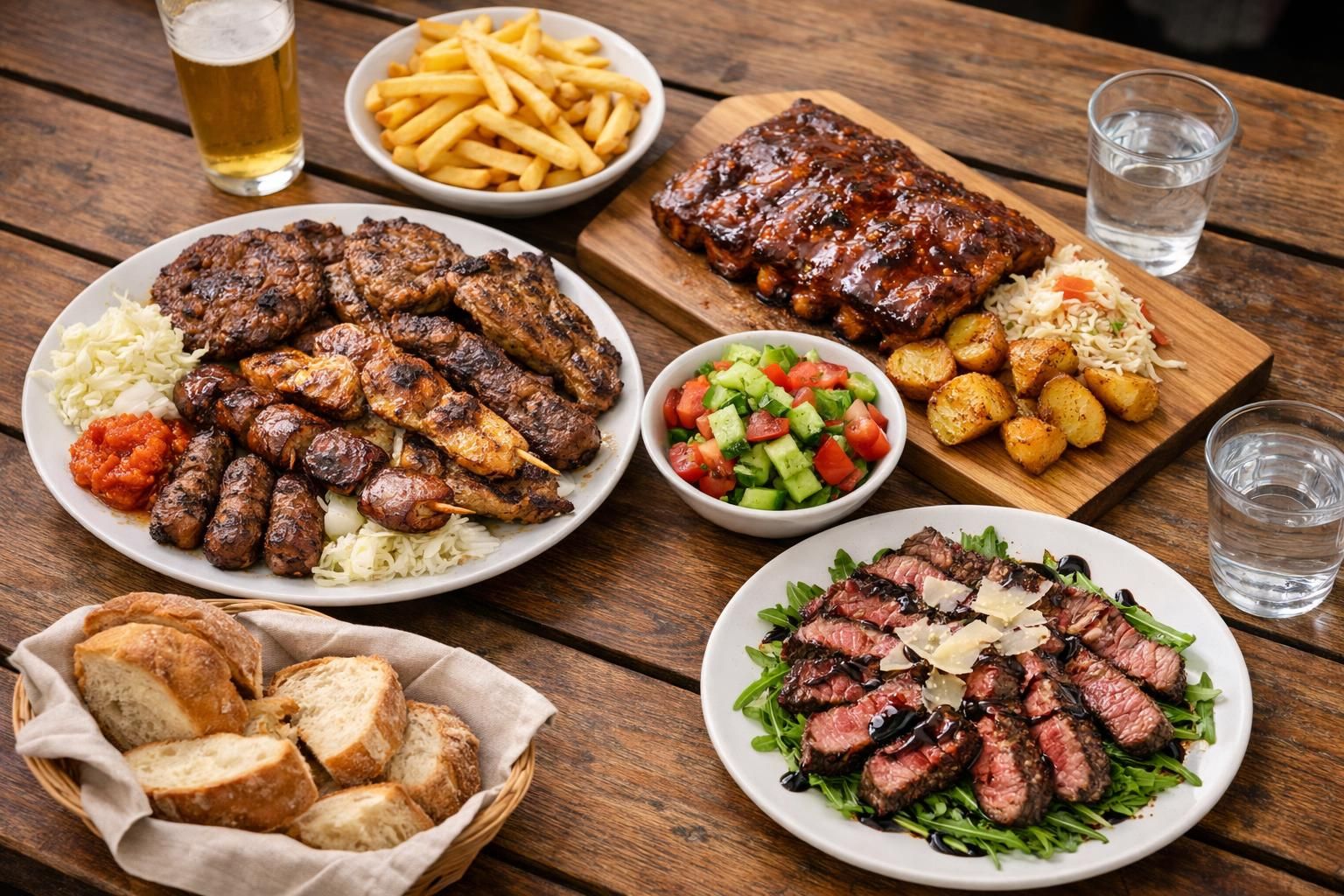 Grilled meats, ribs, fries, salad, and bread on table