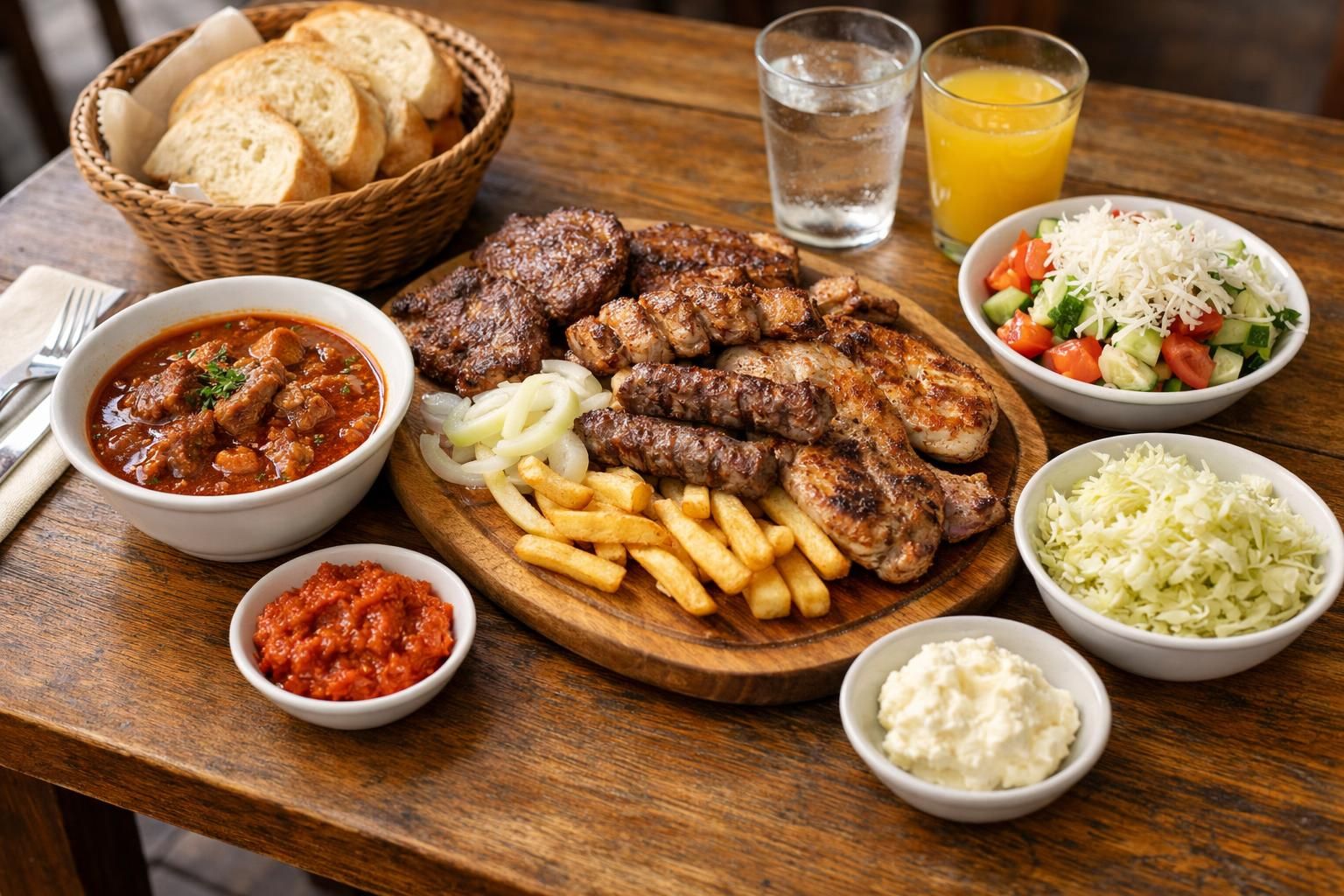 Grilled mixed meats with fries, salad, bread and sauces