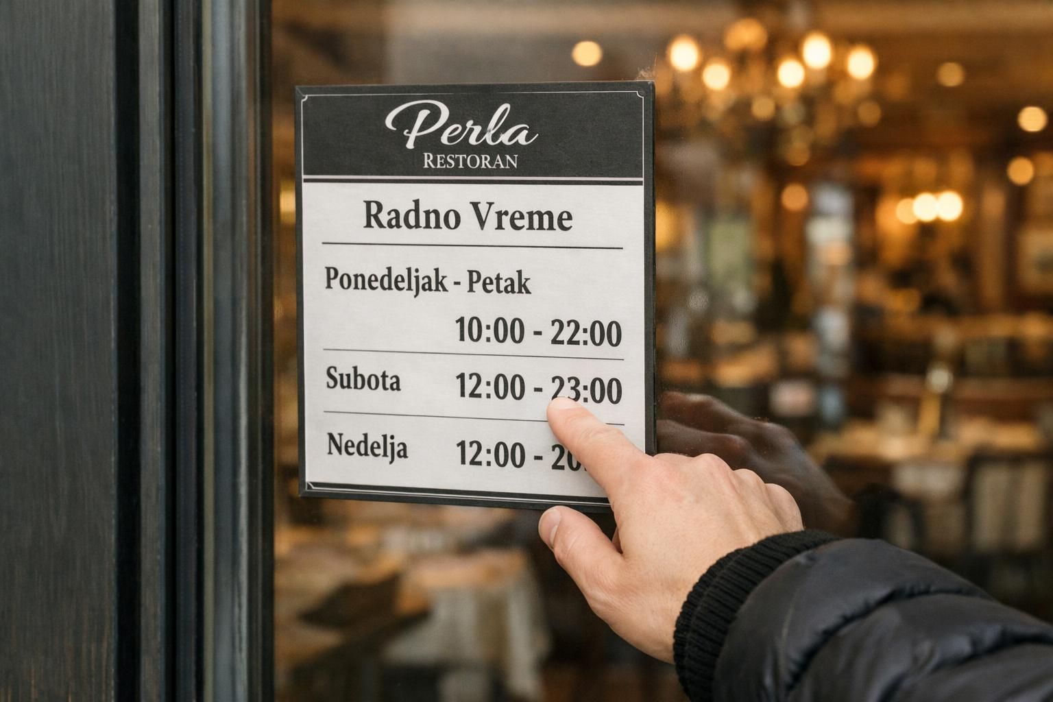 Hand pointing at restaurant hours sign on glass door
