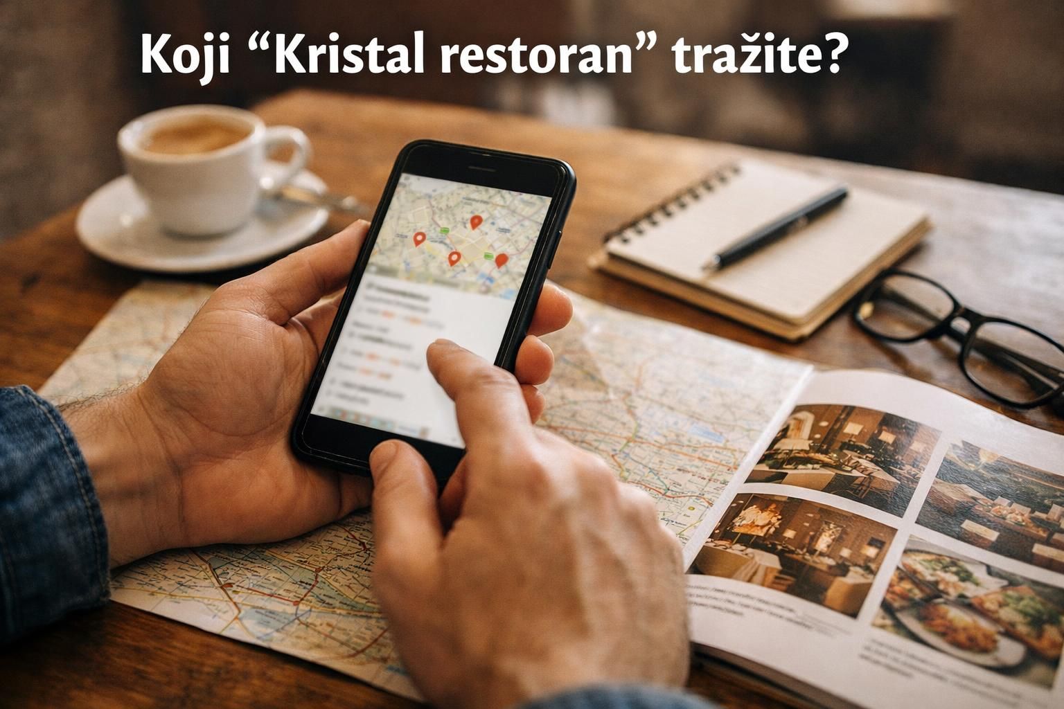 Hands using phone map app above travel guidebook