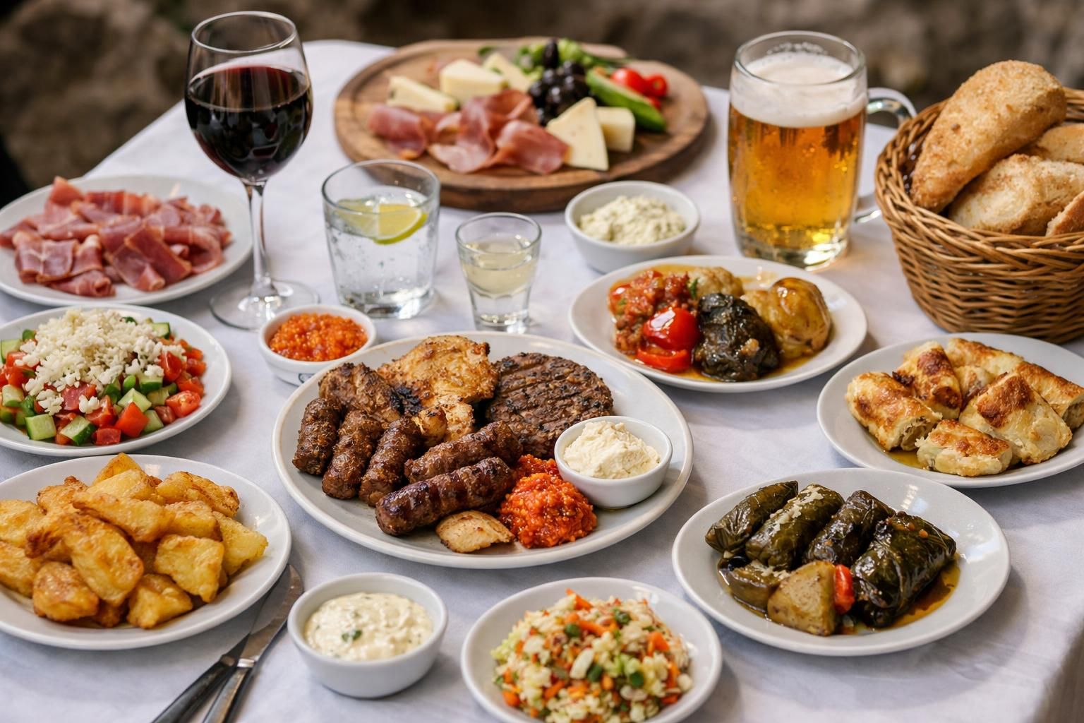 Table spread with grilled meats, salads, bread, wine and beer