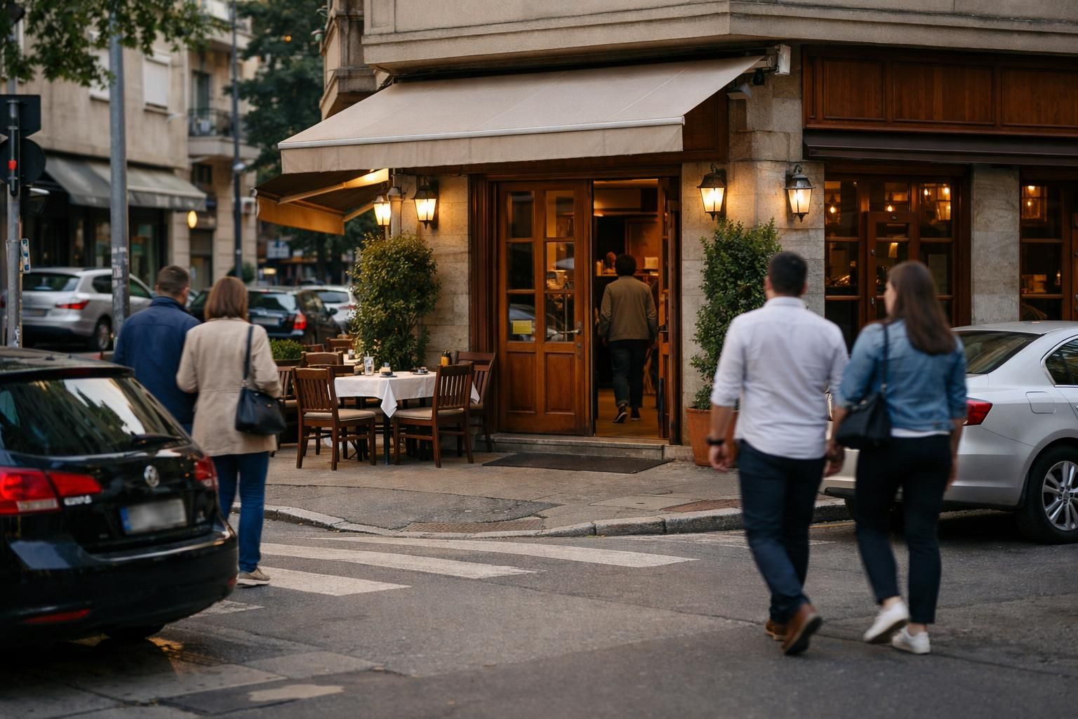 Pedestrians walking past corner cafe with outdoor tables
