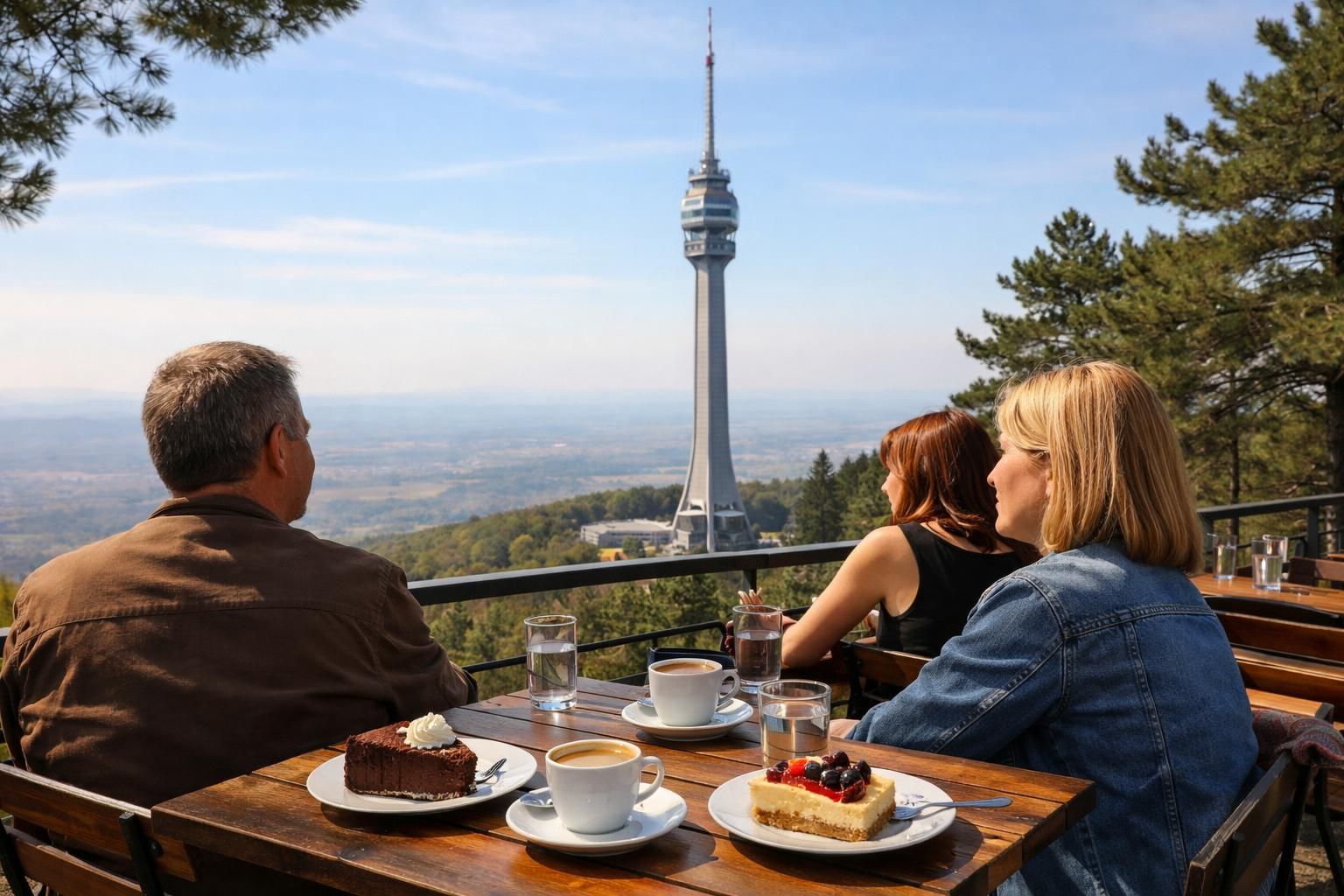 Three people at terrace cafe facing tall tower view
