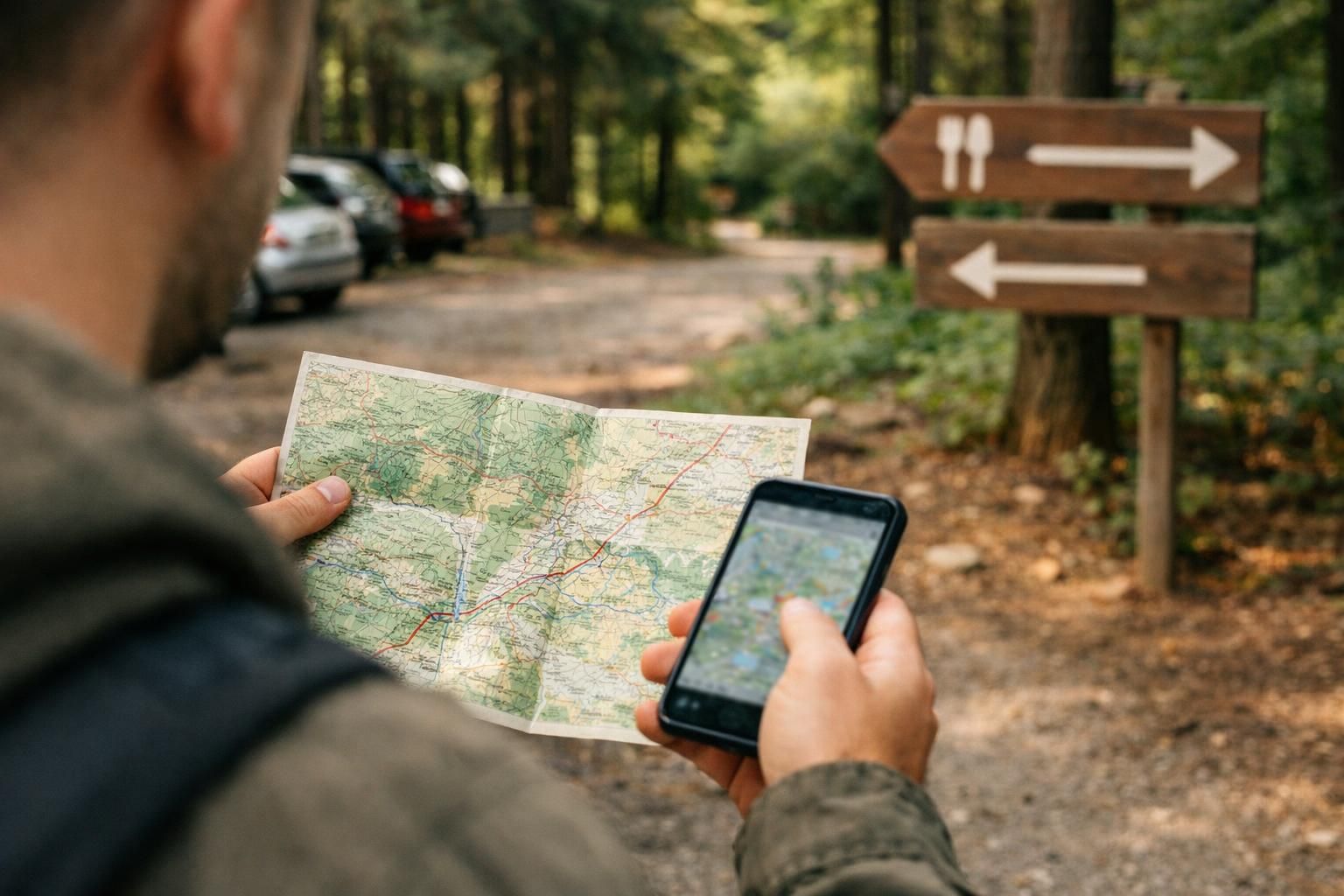 Person holding paper map and phone near trail sign