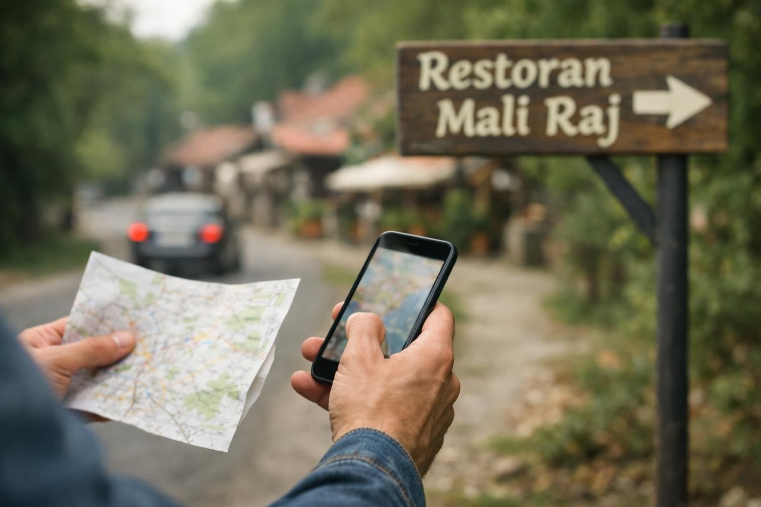 Person holding map and phone near restaurant sign