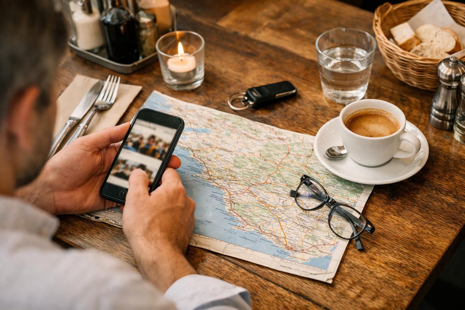 Person using smartphone over map beside coffee cup