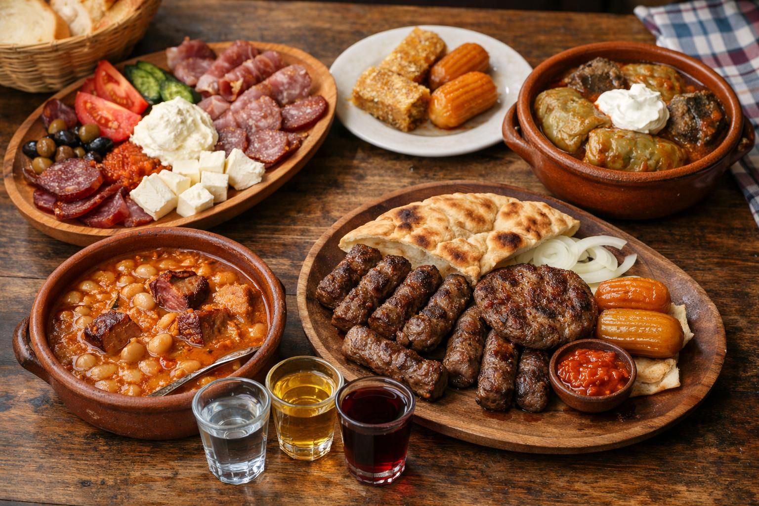 Turkish meze platter, grilled kebabs, bean stew on table