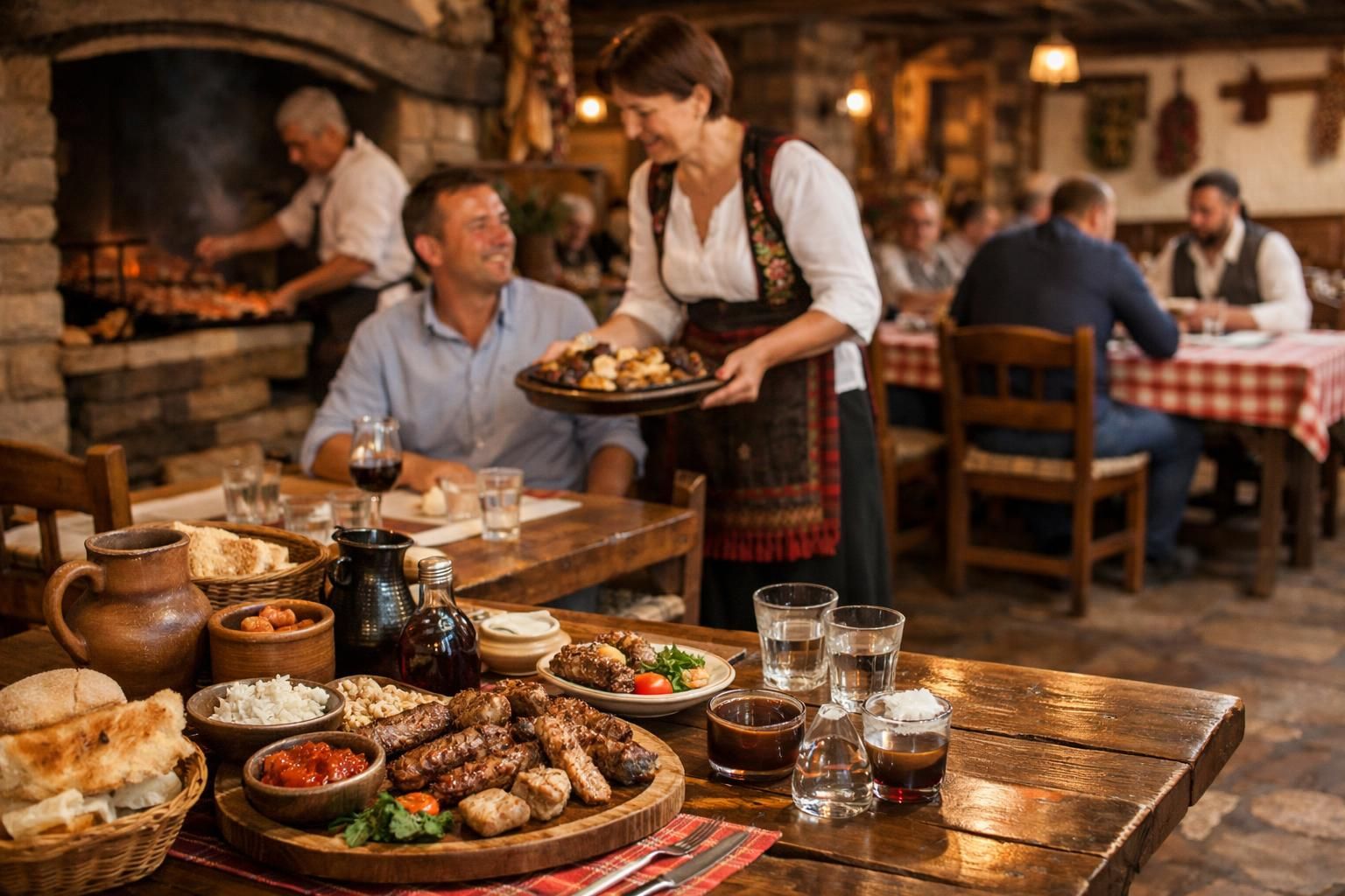 Waitress serves grilled meat platter in rustic tavern